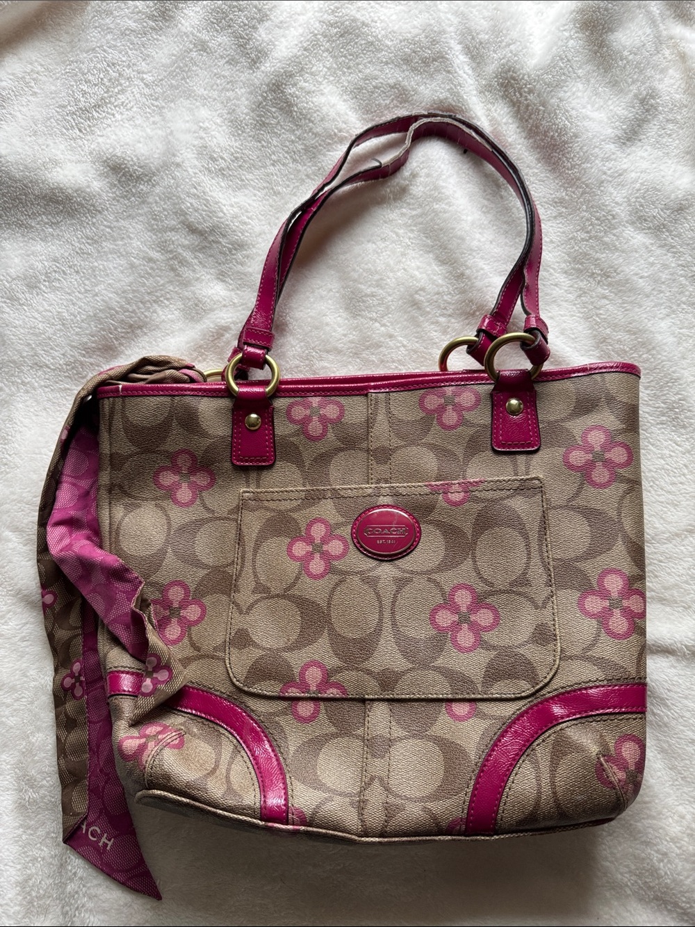 Coach Beige Signature Tote with Pink Floral Accents
